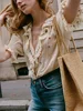 Colorful Flower Shirt Women Ruffles V-neck Puff Sleeve 2025 Summer Prairie Chic Blouse for Female