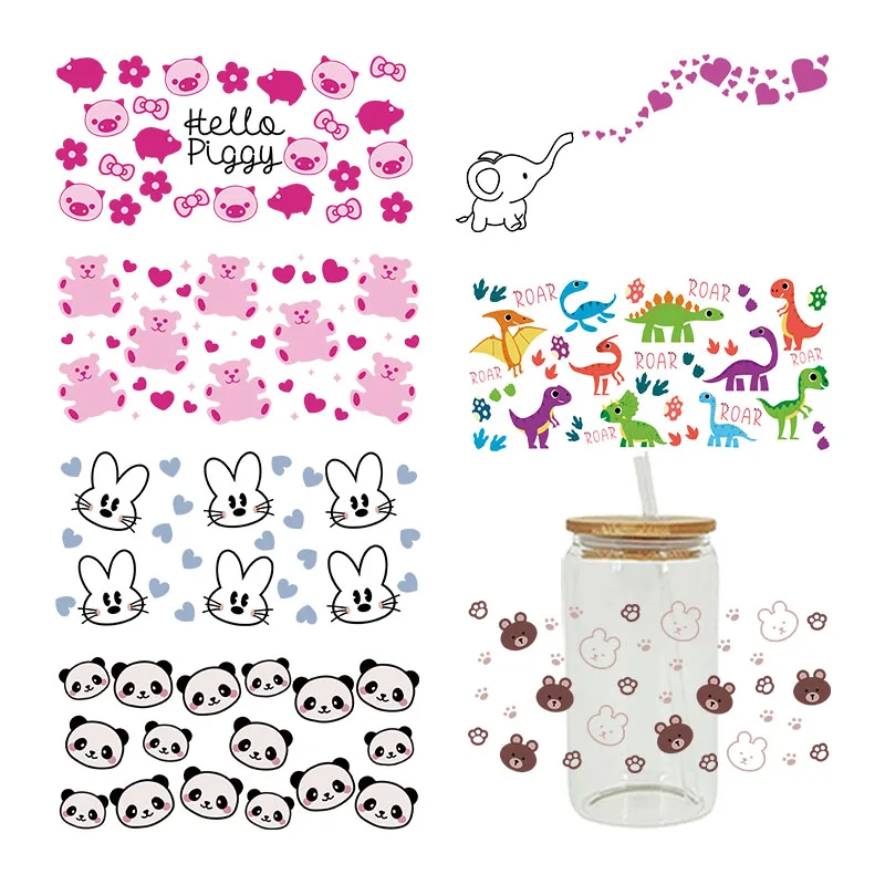 UV DTF Transfer Sticker Animal Pig Rabbit For The 16oz Libbey Glasses Wraps Bottles Cup Can DIY Waterproof Decals D5675