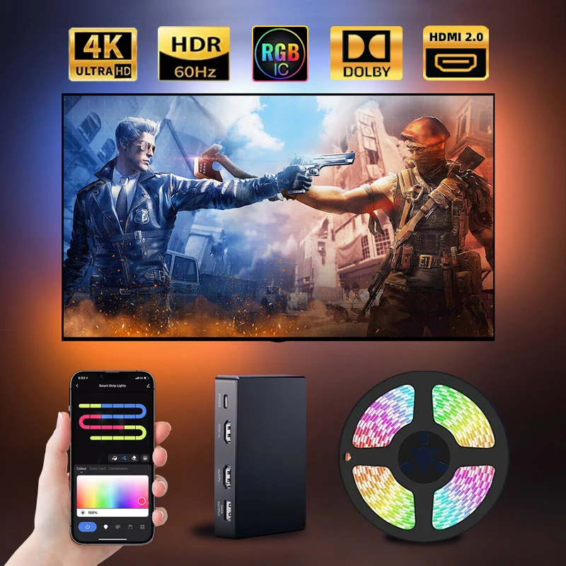 Иммерсивная светодиодная подсветка с синхронизацией HDMI, Wi-Fi, Alexa, Google Assistant, управление 4K, Совместимость с HDMI, экран устройства 2,0 дюйма, лента с цветной синхронизацией