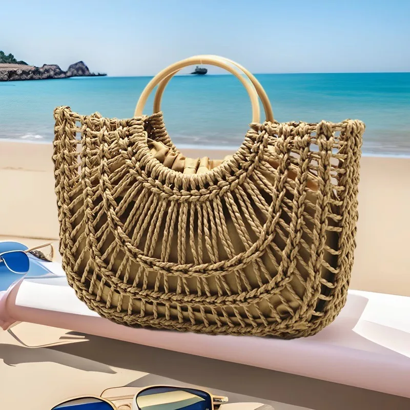 Handwoven Straw Rattan Half-Moon Beach Handbag Large Capacity Women Hollow Out Crossbody Shoulder Bag Half-Round Shoulder Bag
