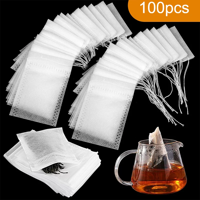 100 Stück Einweg-Teebeutel aus Vliesstoff mit Kordelzug zum Versiegeln von Kaffee und Gewürzen, Papierfilter, Küchen-Teegeschirr – Detail 1