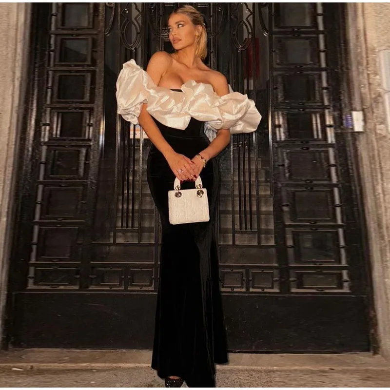 Elegant Off Shoulder Floral Long Dresses Women Vintage Slim Black Patchwork Petal Sleeves Robes Female Versatile Party Evening