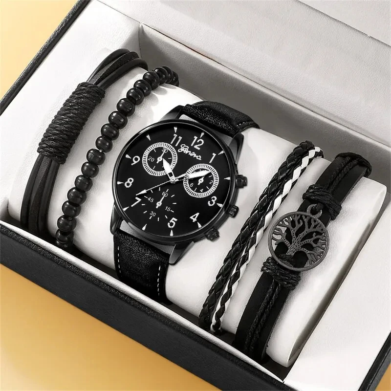 5PCS Set Fashion Mens Business Watches For Men Black Tree of Life Hand Rope Luxury Man Sport Casual Quartz Watch Reloj Hombre diamond with milan star watch female magnet magnet quartz watch net red vibrating the same watch wholesale gun black plastic shell