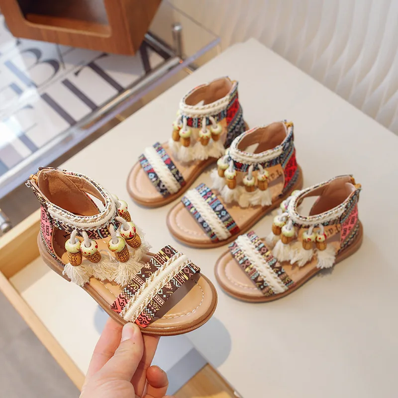 Sandalias Retro étnicas para niñas, sandalias de Gladiador
