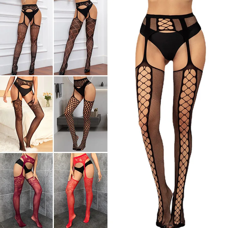

Sexy Women Black Pantyhose Fishnet Socks Stockings with Garter Belt Thigh-High Suspender Black Temptation Hosiery Fishnet Tights