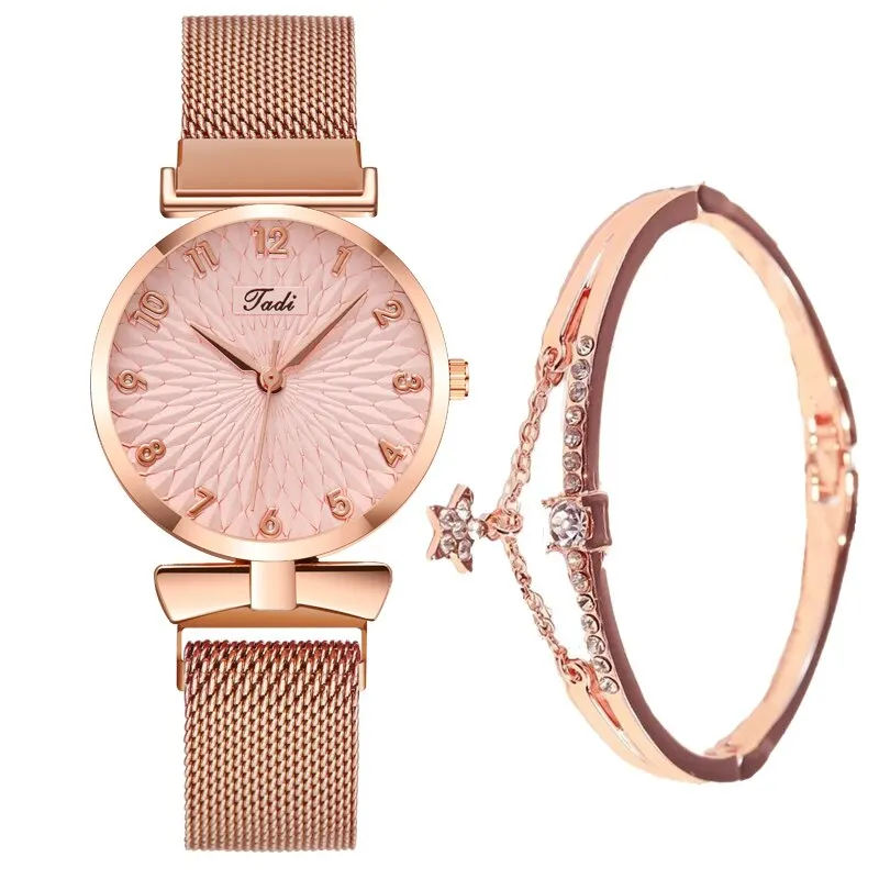 2PCS Set Fashion Luxury Crystal Women Bracelet Watches Fashion Diamond Ladies Quartz Watch Steel Female Wristwatch Rose Gold