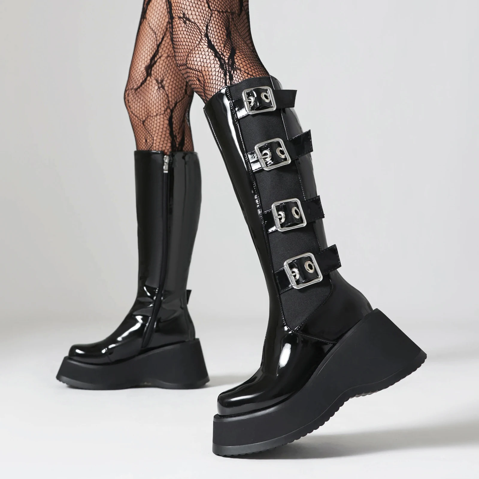 

Four Rows Of Square Metal Belt Buckles Black Patent Leather Raised Boots Thick Bottom Plush Inner Zipper Knee High Boots