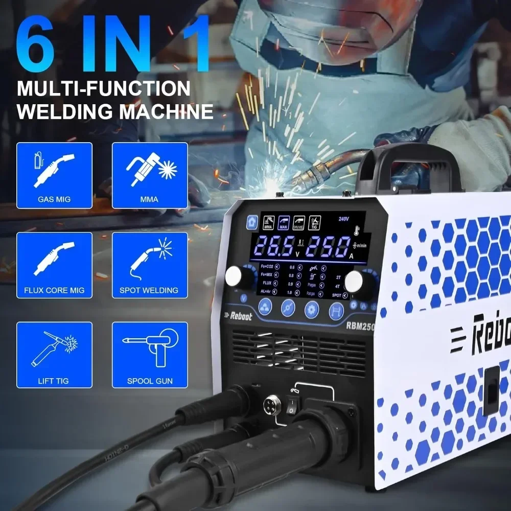 reboot mig welder, 250amp 6 in 1 gas/gasless flux core mig/stick/lift tig/spot welding/spool gun 120v/240v aluminum multi proces