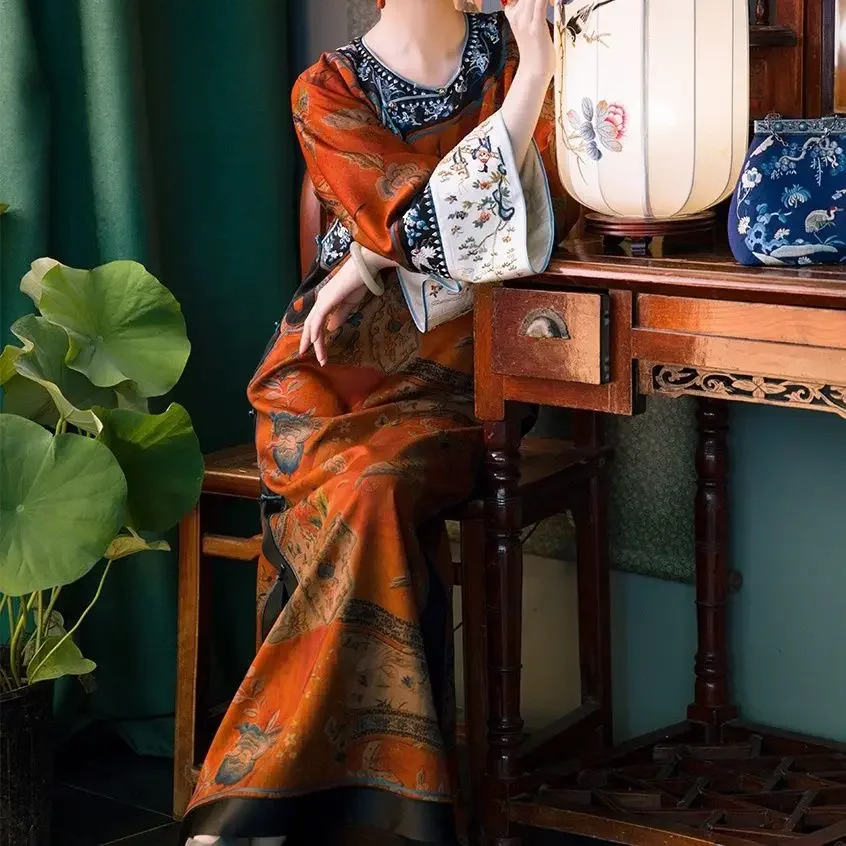 

Женское длинное платье Ципао с круглым вырезом, оригинальное платье с вышивкой в китайском стиле династии Цин, китайское платье Mamianqun