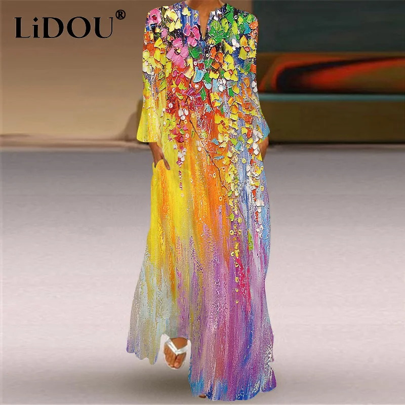 

2023 Spring Summer New Women's Clothing V-neck Printing Oversize Long Sleeve Robe Ladies Loose Fashion Comfortable Vintage Dress
