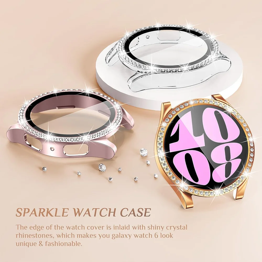 Bling Case for Samsung Galaxy Watch 6 Screen Protector 40mm 44mm Tempered Glass Diamond Bumper Galaxy Watch 4 Cover Accessories