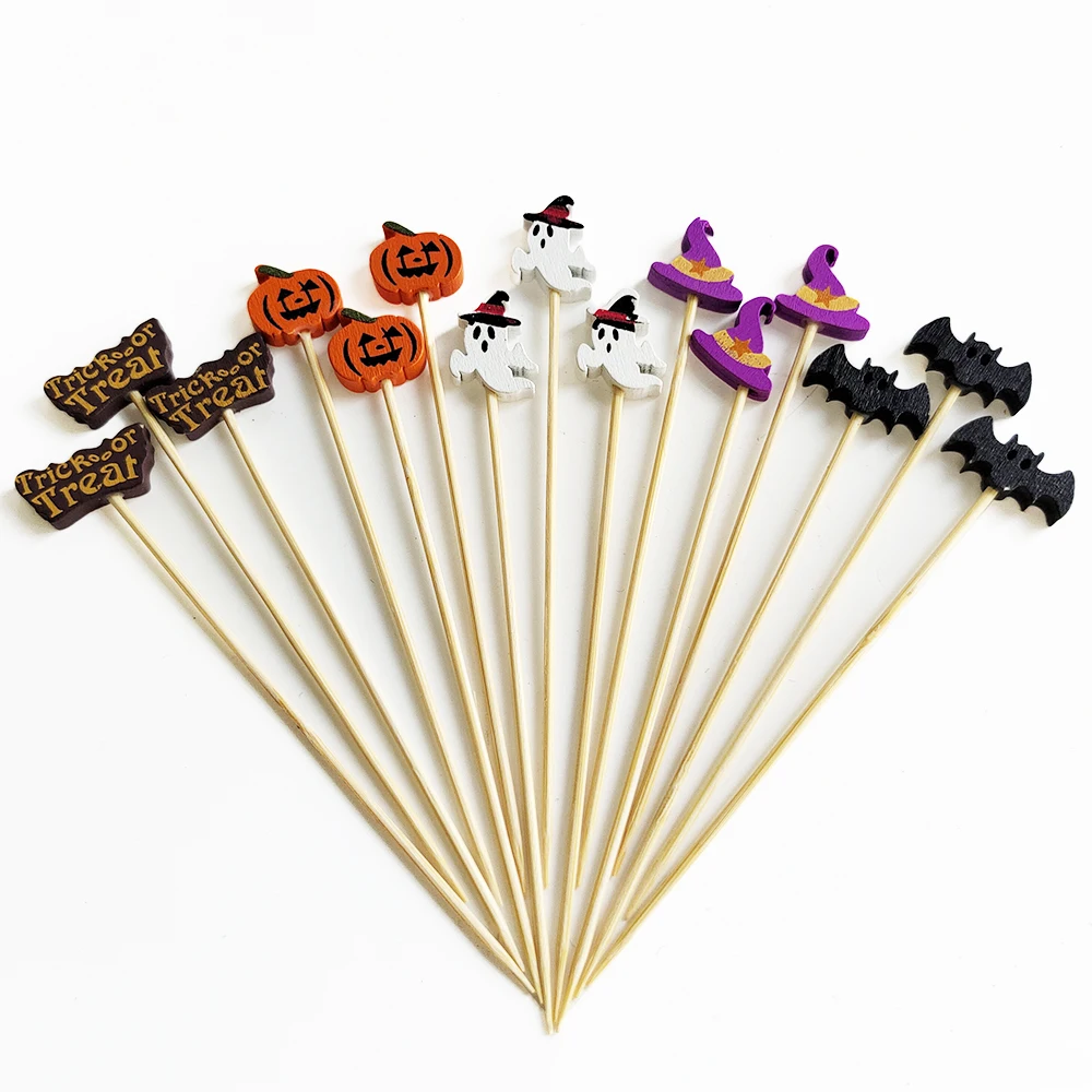 100 Stück Halloween Kürbis Bambus Spieße Obst Gabel Dessert Salat Gemüse Einweg Sticks Zahnstocher Spieß Halloween Dekor – Detail 14