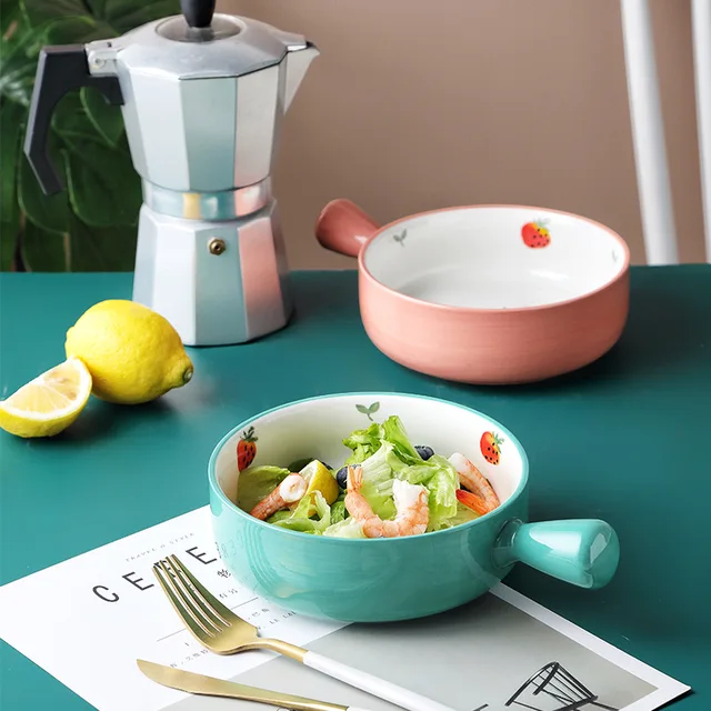 Nordic Ceramic Salad Bowl With Handle Breakfast Cereal Fruit Bowl Solid Color Dessert Soup Noodle Bowl Microwave Oven  NJ71520 3