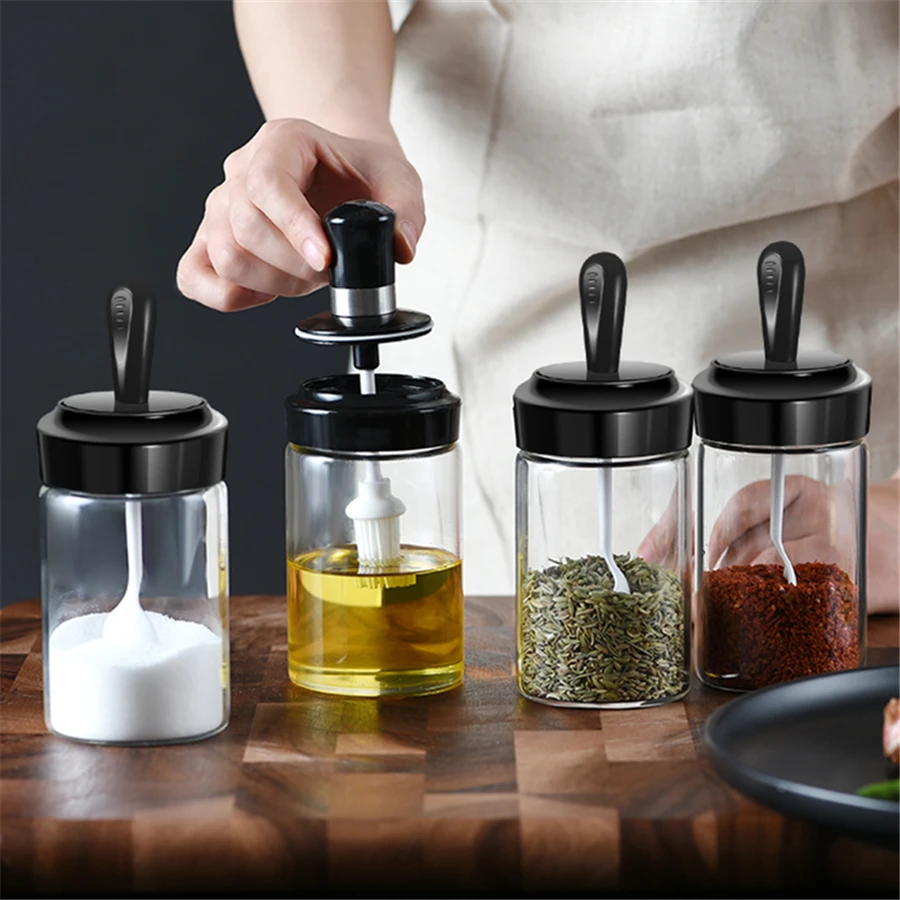 1pcs Glass Seasoning Jar Clear Spice Condiment Salt Cruet with Lid and  Spoon