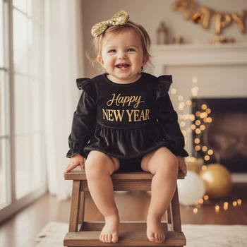 Abbigliamento per bambini Ragazza Capodanno Pagliaccetto Stampa di lettere Manica lunga Velluto Tuta per neonato con fascia per capelli con fiocco in paillettes Vestiti per neonati