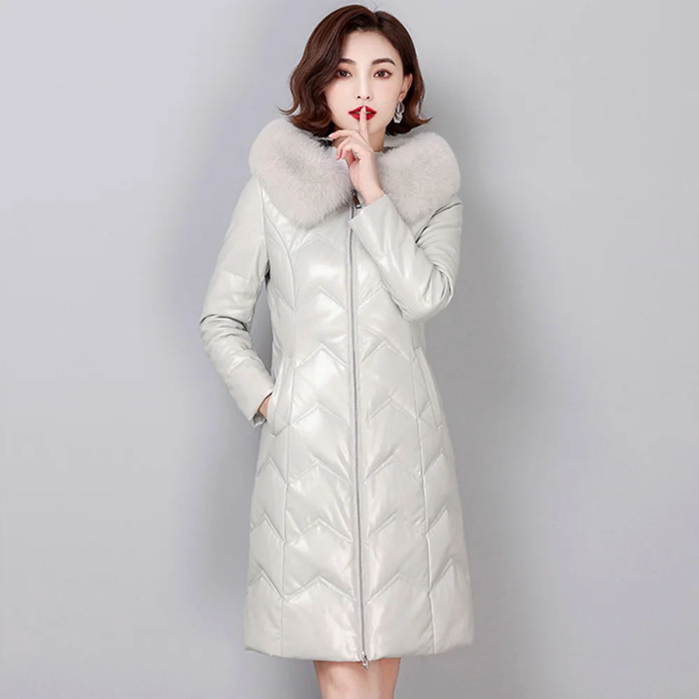 New Women Leather Down Coat Winter Fashion Warm Hooded Real Fox Fur Collar Sheep Leather Down Jacket Slim Thicken Outerwear new women sheep leather down jacket autumn winter 2022 real fox fur collar hooded thick warm sheepskin white duck down coat