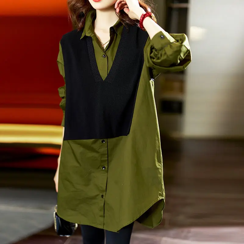 Female Loose Fashion Spliced Casual Blouse Commuter Fake Two Pieces Folds Long Sleeve Turn-down Collar Shirt Women's Clothing chiffon ruffle sleeve dresses irregular fake two pieces splicing v neck mid waist women s jumpsuit commuter casual elegant print