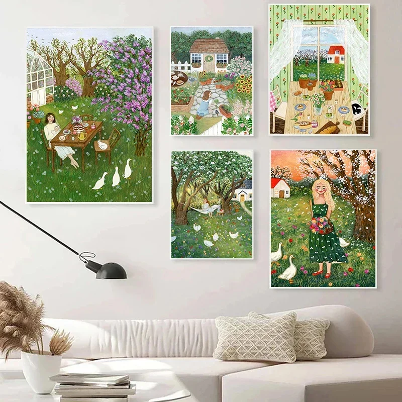 View of Nordic Autumn Winter Forest Girl Cartoon Minimalist Print Canvas ...