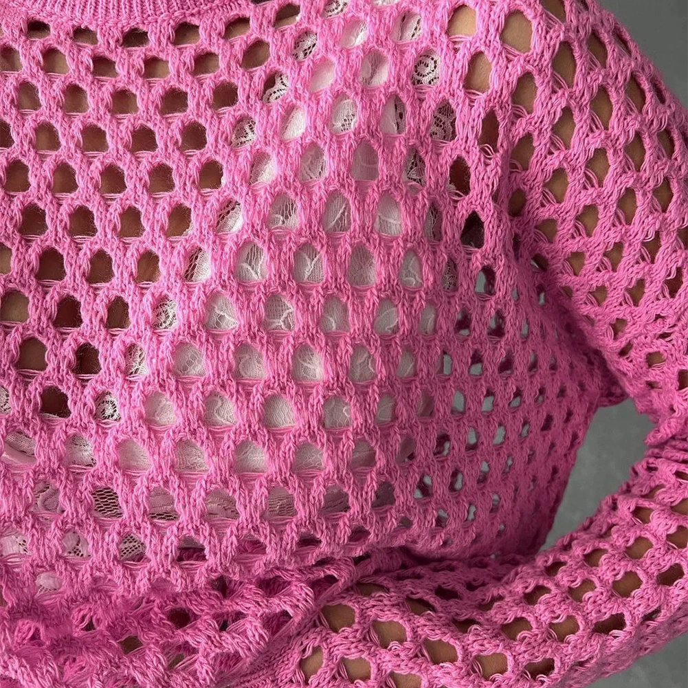 

Female Shirt Women Tops Leisure Crew Neck Summer Fishnet Holiday Hollow Out Long Sleeve Pullover Acrylic Regular