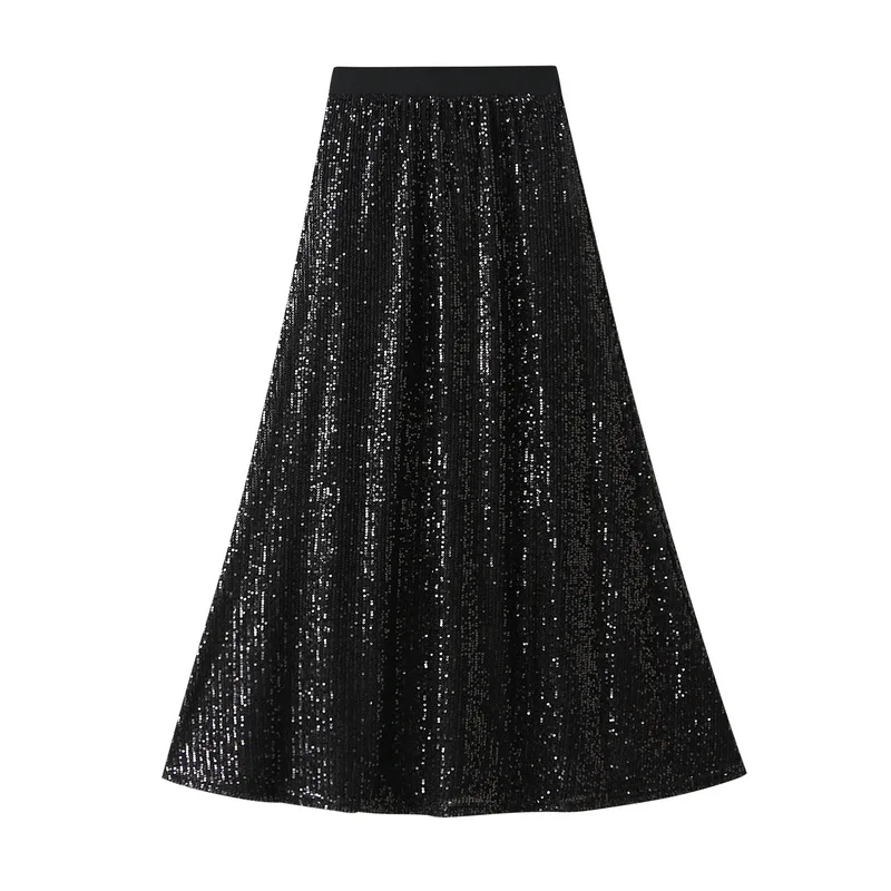 2023 Fashion Women's Summer Midi Skirt Slim A-line Skirt High Waist Elastic Band Sequins Skirt