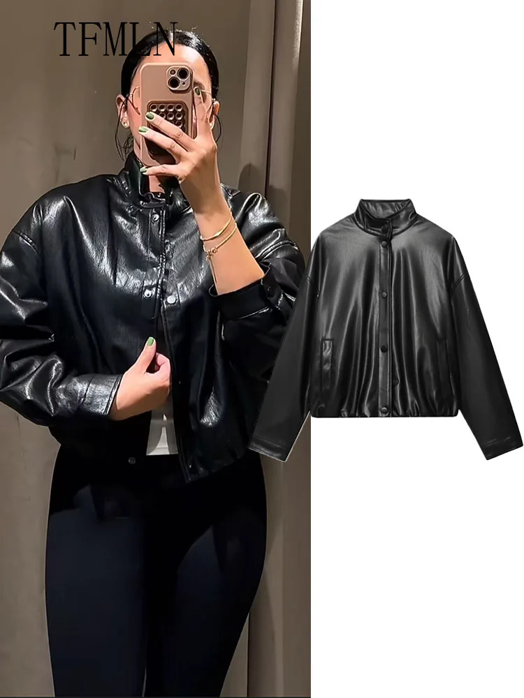 Casual Chic Faux Leather Bomber Jacket For Women 2025 New Retro Single Breasted Long Sleeve Cropped Coat Fashion 2025 Autumn