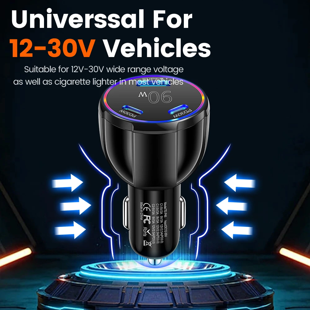 3 Port 90W USB+2PD Car Chargers USB Fast Charging Car Phone Adapter for IPhone Xiaomi Samsung Car Adapter