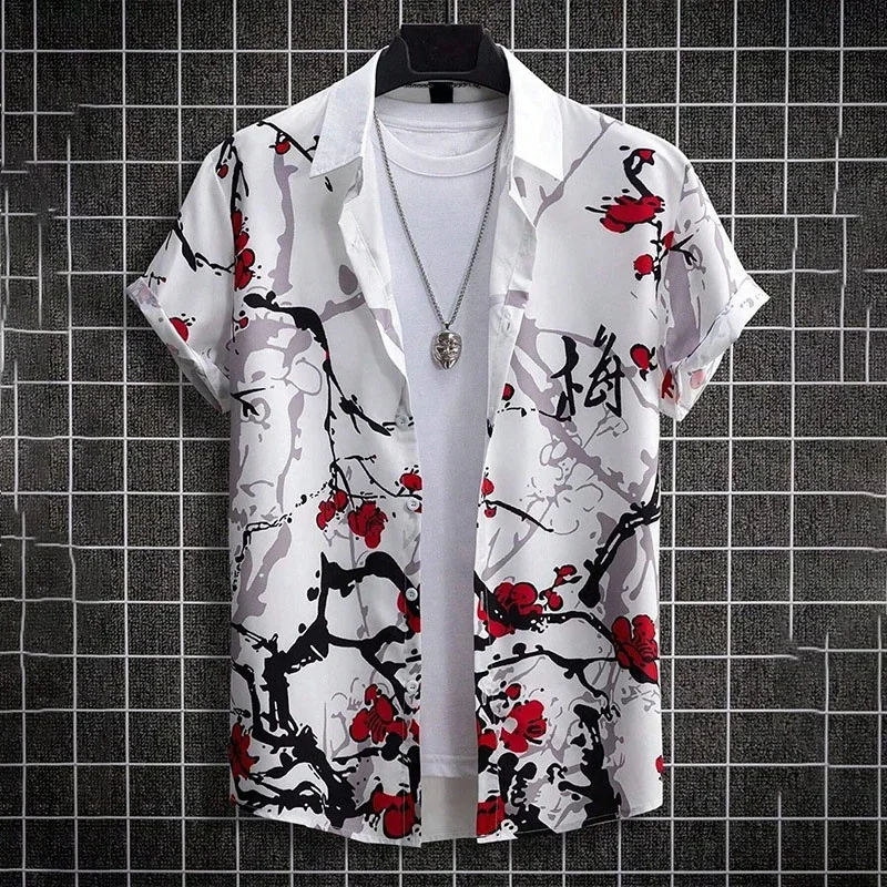 thumbnail image 1 of Camisa hawaiana con estampado retro de flores y empalmes para hombre, blusas de manga corta con botones y solapa, estilo hawaiano, para verano, 1 of 4