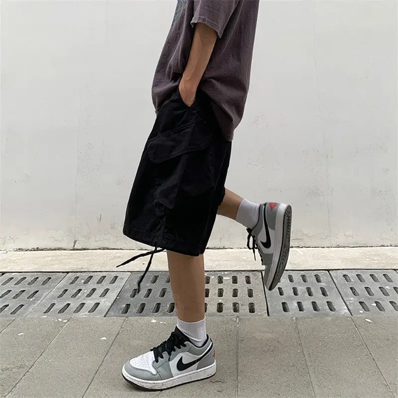 Fashion Korean large pocket workwear straight shorts men summer y2k street hip hop trendy brand solid color casual loose pants