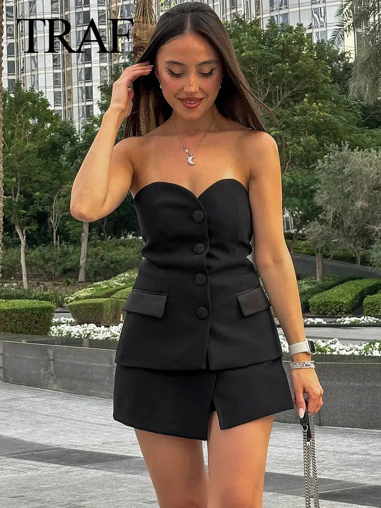 

TRAF Autumn Chic Woman Vintage Slim High Waist Skirt Suit Elegant Flip Decoration Satin texture Spliced corset style Tops