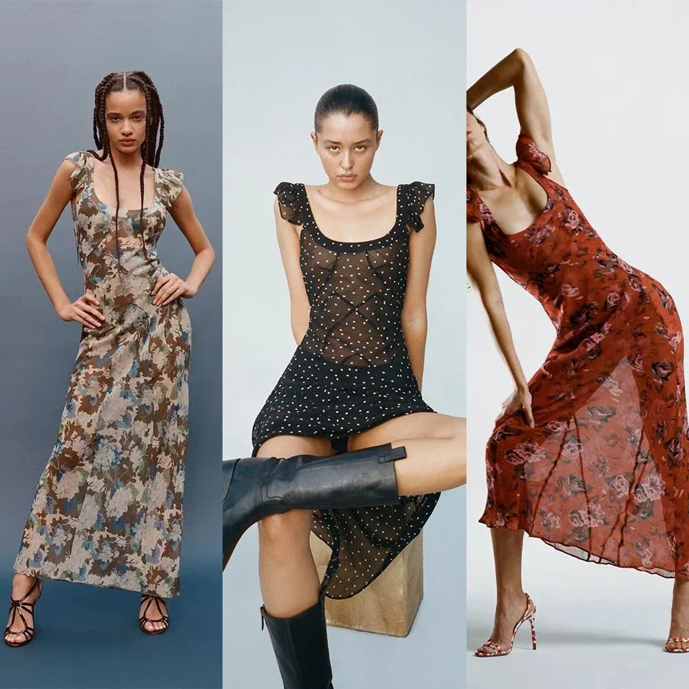 

Women Long Dress Floral Print Sexy Slim Summer New Ruffles Sleeve Midi Robe