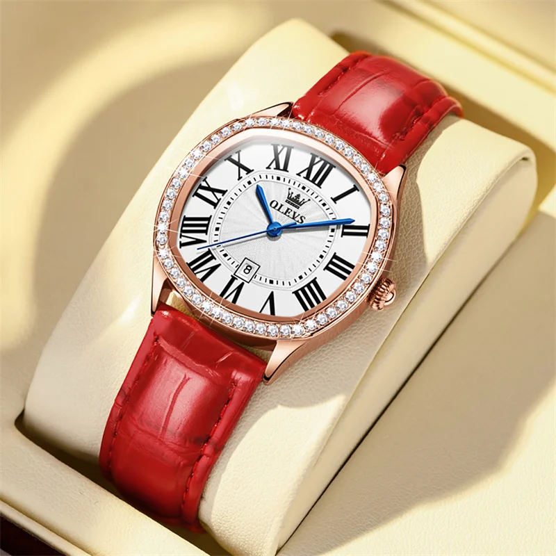 OLEVS Rose Gold Diamond Women Watches Ultra-thin Luxury Fashion Ladies Quartz Watch Roman Dial Red Leather Reloj Mujer New