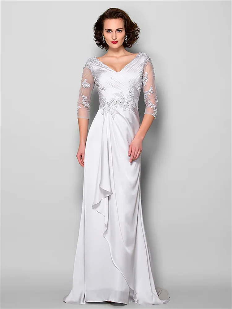 

A-Line Mother of the Bride Dress V Neck Sweep / Brush Train Satin Chiffon 3/4 Length Sleeve with Criss Cross Beading Appliques