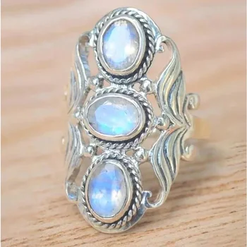 Vintage Silver Color Oval Three Blue Stone Hollow Silver Color Ring for Women Ethnic Bohemian Rings Jewelry 1