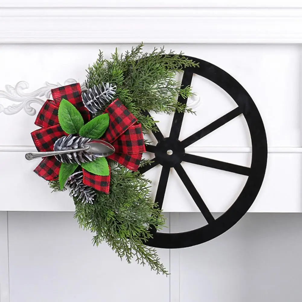 

Holiday Wreath with Bowknot Festive Wreath Decor Festive Christmas Wheel Wreath Plaid Bowknot Spoon Pine Cone Decor