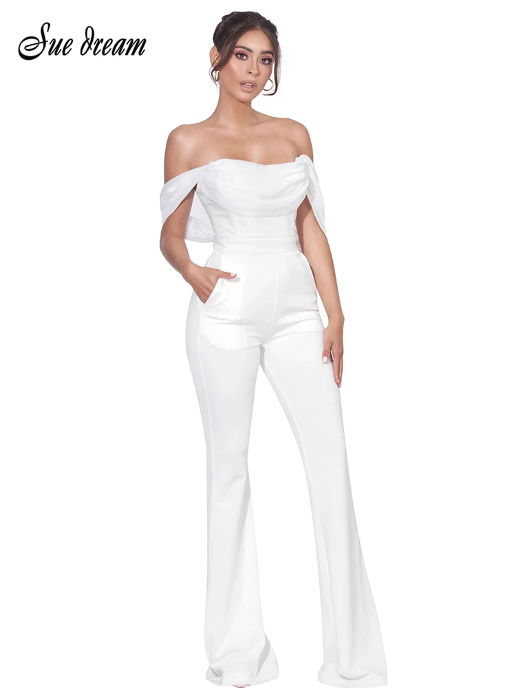 

2022 New Summer Women's Sexy White Card Shoulder Strapless Bodycon Jumpsuit Elegant Celebrity Designer Club Party Jumpsuit