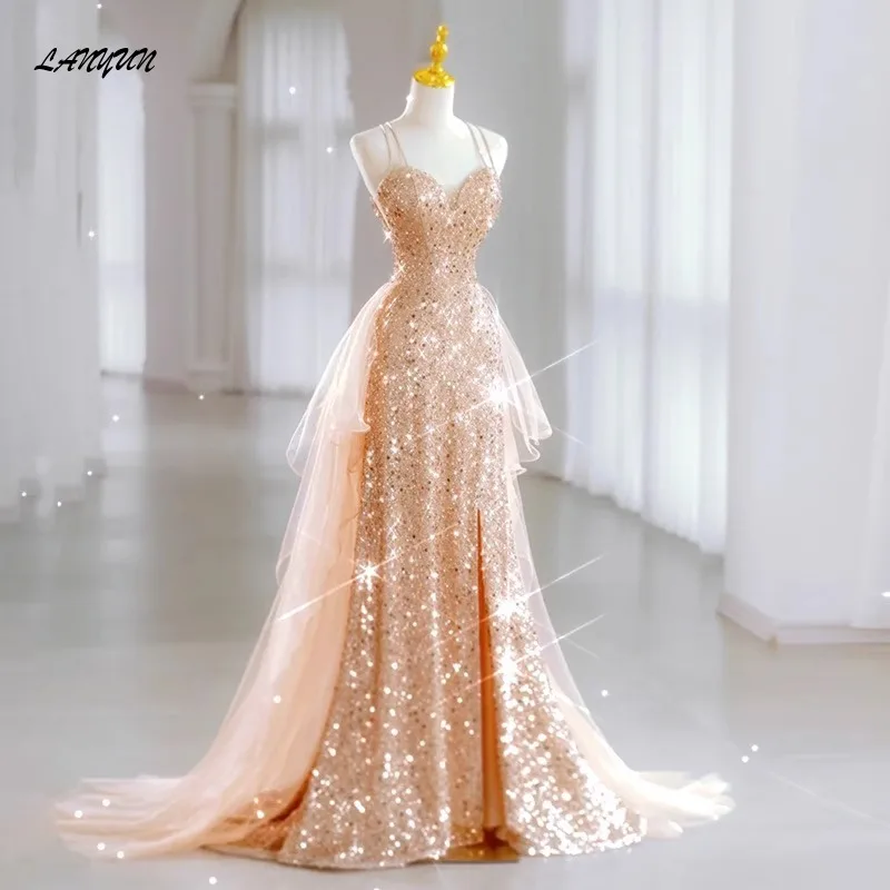 Sequined Temperament Elegant Wedding Party Dresses Slim Waist Prom Dress Shinny Mesh Tailing Evening Vestidos Banquet Fairy atmospheric and elegant fairy banquet prom dress high bading evening dresses tulle lace applique robe de soiree