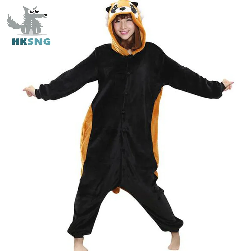 Animal Adults Raccoon Footed Pajamas Cartoon Flannel Red Panda Footed Kigurumi Onesies Cosplay Costumes MINISO