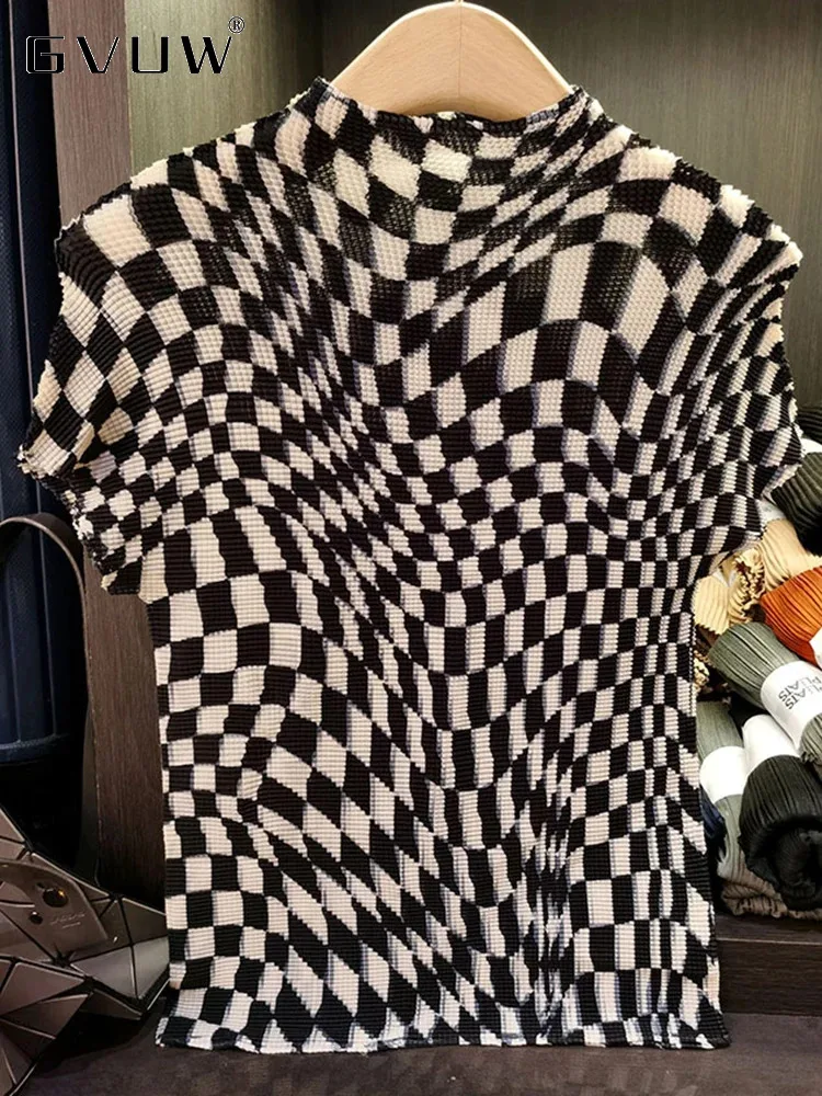 

Плиссированная клетчатая футболка GVUW, Женская облегающая футболка с воротником-стойкой и коротким рукавом, новая Универсальная повседневная женская модная одежда 2024, 17G7256