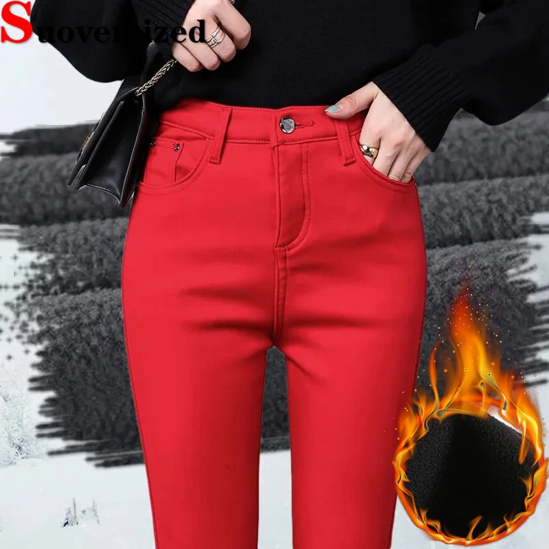 

Slim Warm Winter Oversized 80kg Pencil Jeans Basic Candy Colors Trousers Stretch Skinny Vaqueros Thicken Plush Lined Denim Pants