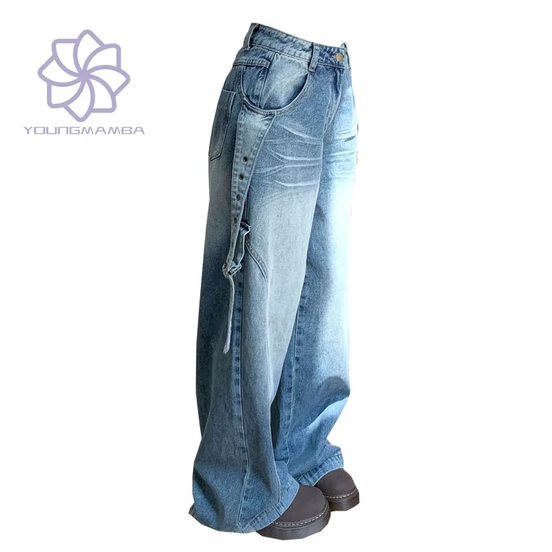 

2023 Autumn Blue Washed Jeans Women Y2k Streetwear Wide Leg Denim Pants Female American Vintage Loose Long Trouser