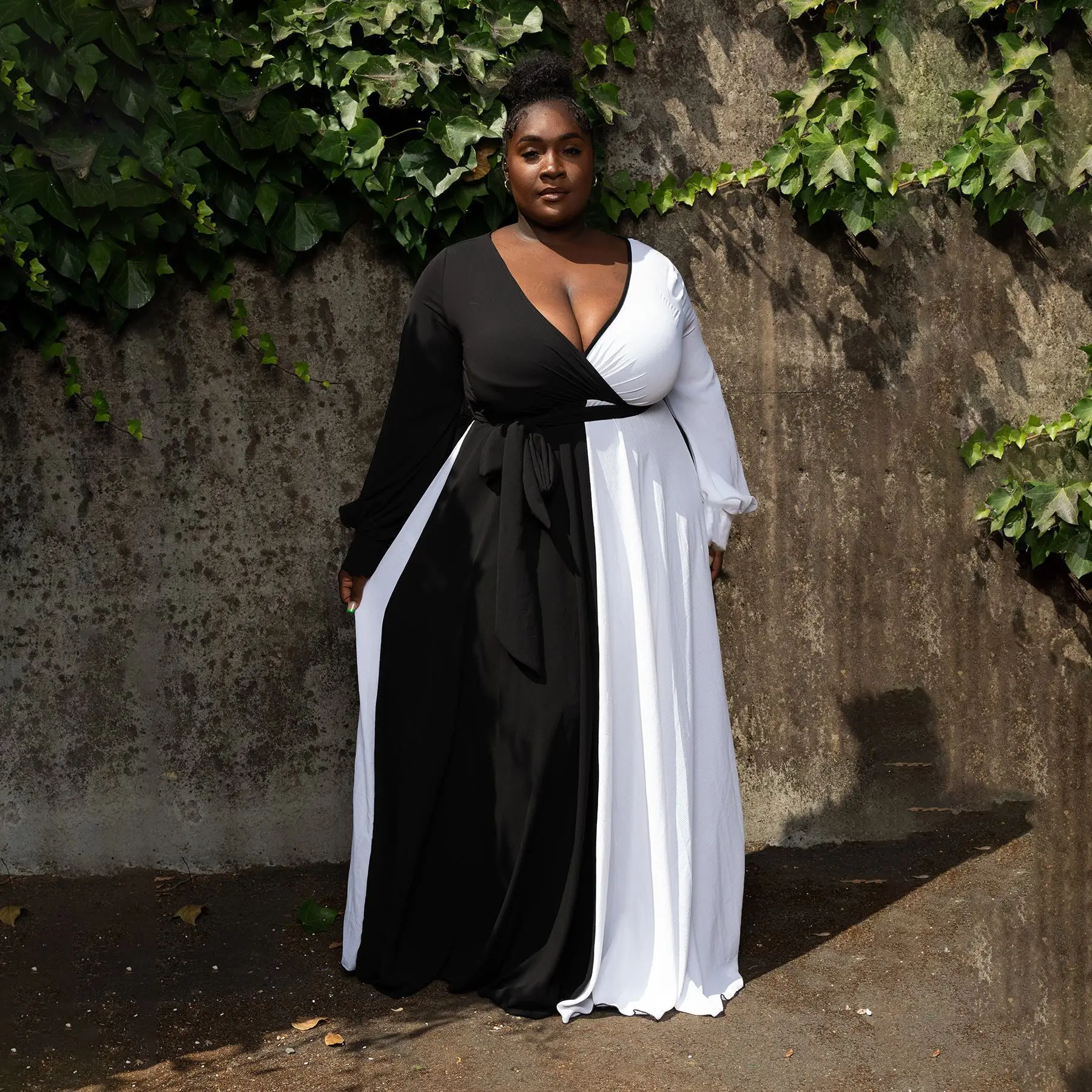 plus size maxi dresses black and white Plus Size Printed V-Neck Long Sleeve Maxi Dress Black / 1XL