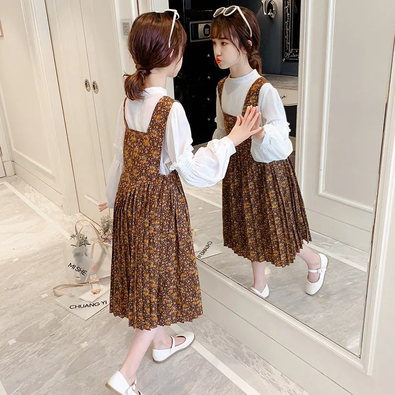 

2022 Girls Clothing Set Suspender Floral Pleated Dress+White Top 2PCS Spring Fall Fashion Puff Sleeve Children Princess Clothes