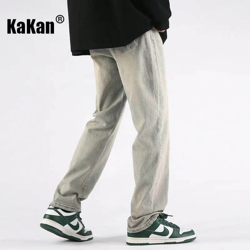Kakan - Spring and Summer New High Street Yellow Mud Dyed Jeans Men's Wear, Straight Stretch Made Old Casual Jeans K024-LQS907