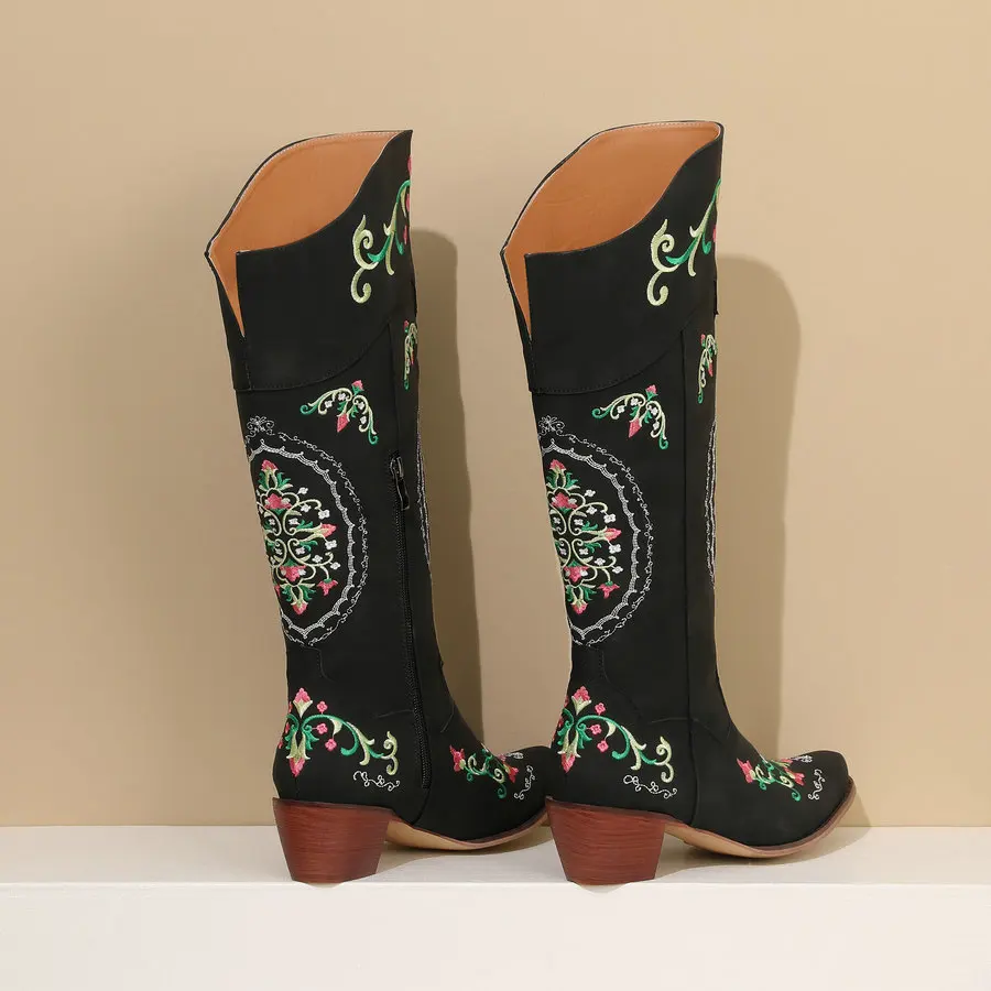 Cowgirls Western Boots Women's Embroidery Cowboy Boots for Wide Calf 2024 Chunky Med Heels Shoes 4 Seasons Zipper PU Footwear