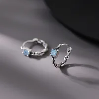 Cute Charm Sterling Silver Geometry Chain Blue Square Crystal Hoop Earrings for Women Party High Quality Fashion Jewelry Gifts