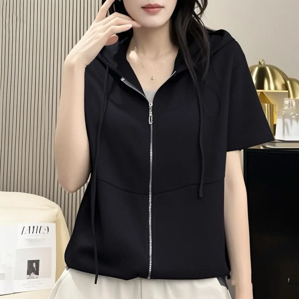 Women's Royal Blue Hooded Zip-Up Top Short Sleeve Casual Lightweight Cardigan