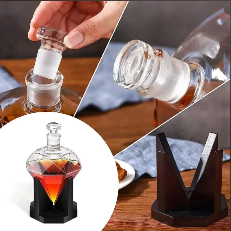 1000ml Whiskey Decanter glass diamond wine bottle with Wooden Holder Airtight Stopper Suitable for all kinds of alcohol Gift