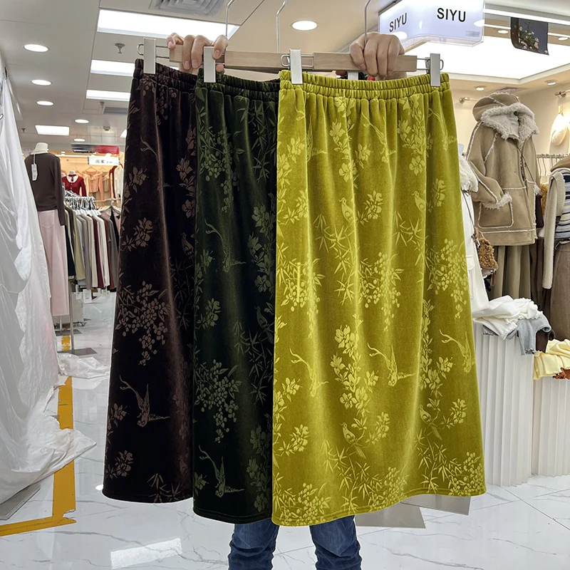 

Chinese Retro Velvet Skirts for Women Jacquard Elastic High Waist Long Skirt Faldas Ajustadas Slit Autumn Fashion Skirt Dropship