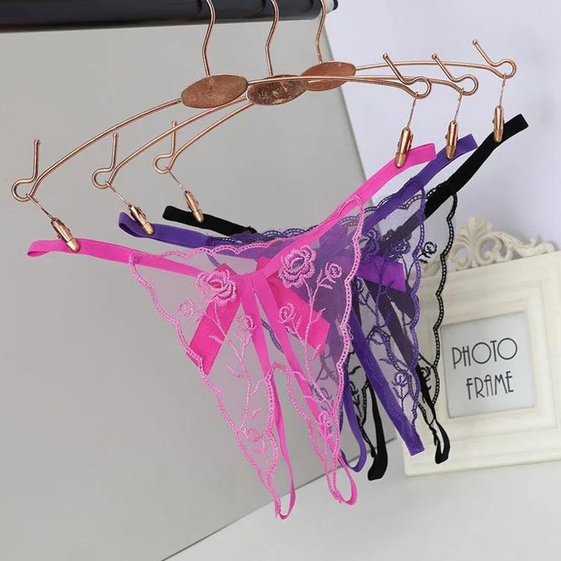 

Women Underwear G-strings Panties Mesh Open Crotch Thongs See Through Embroidery Erotic Low Waist Female T Pants
