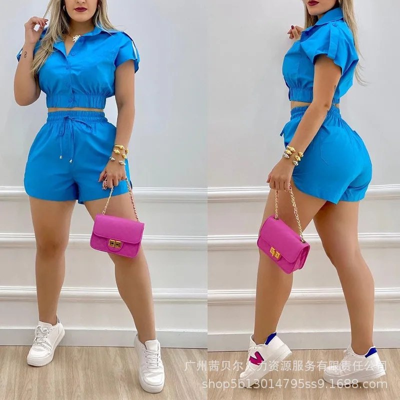 

Модный сексуальный комплект из двух предметов, женские новые розовые и синие повседневные короткие комплекты для женщин